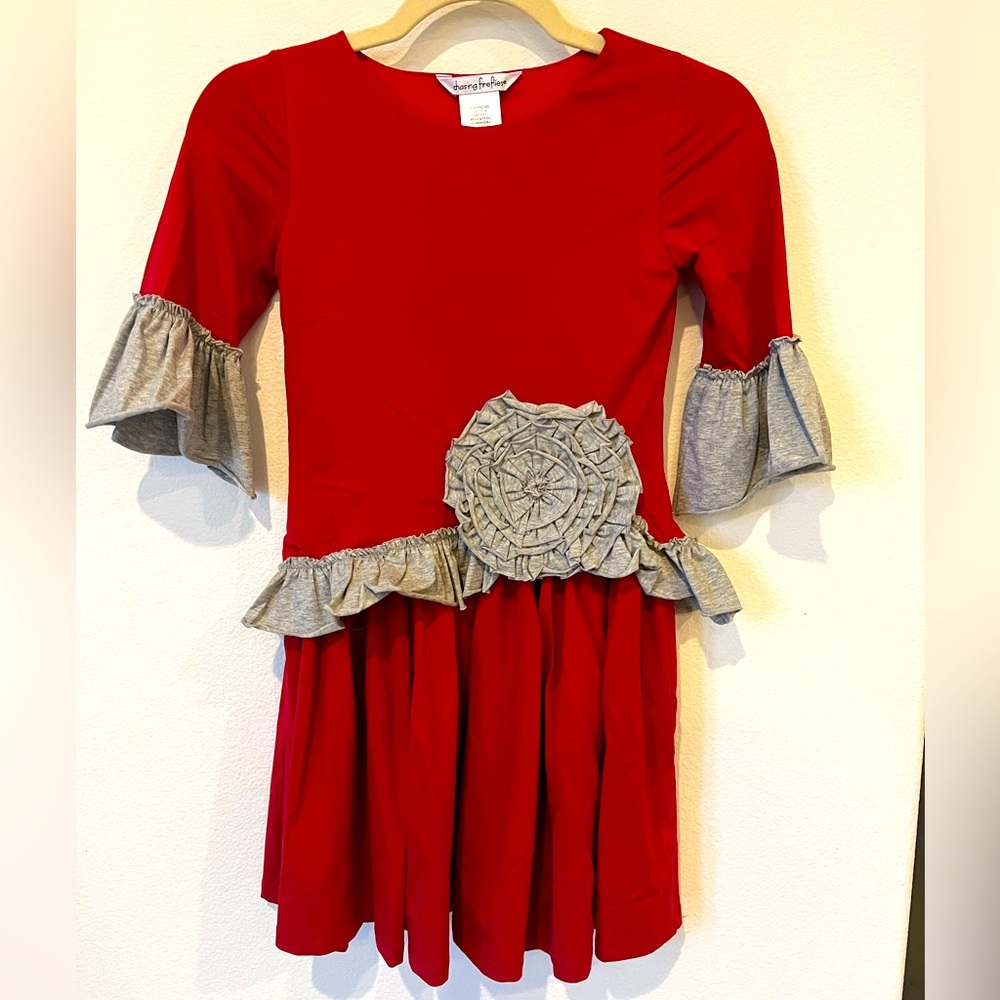 Chasing Fireflies Red Ponte Knit Boatneck Dress w/ Gray Ruffle & Flower Detail M